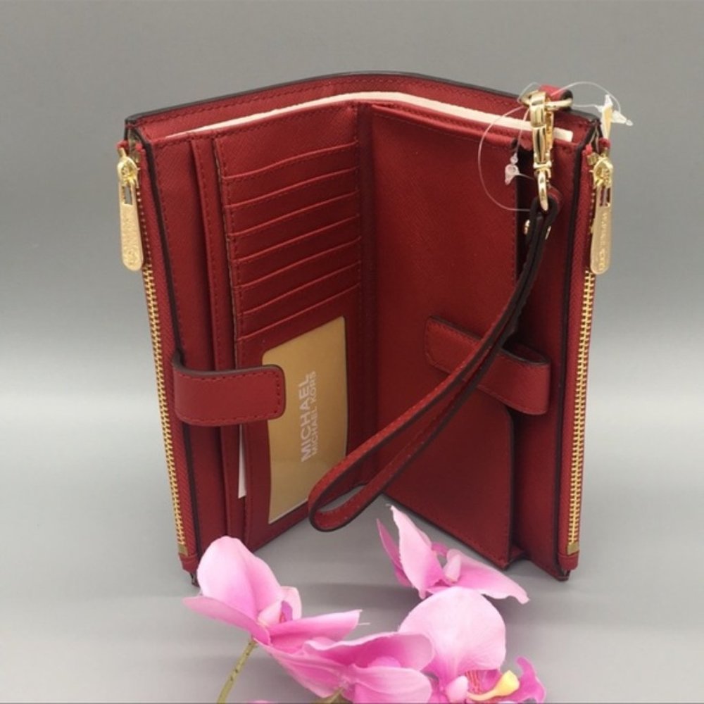 Michael Kors Large Double Zip Wristlet Leather Flame Color - Picture 7 of 15